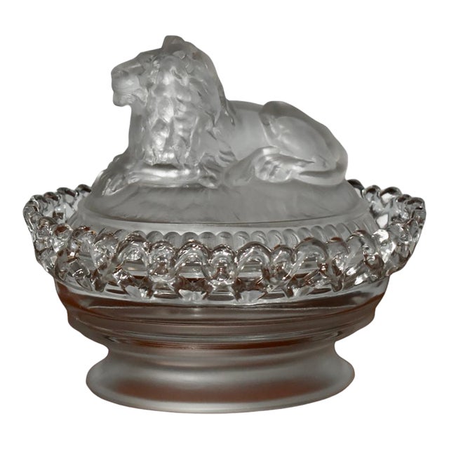Vintage Lion Covered Candy Dish Imperial Glass Frosted Atterbury For Sale