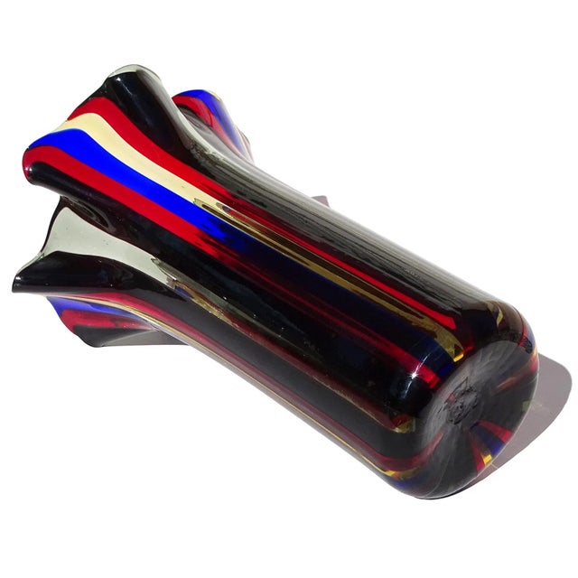 Glass Vintage Murano Oggetti Label Red Blue Yellow Black Gray Bands Italian Art Glass Tall Fazzoletto Flower Vase For Sale - Image 7 of 7