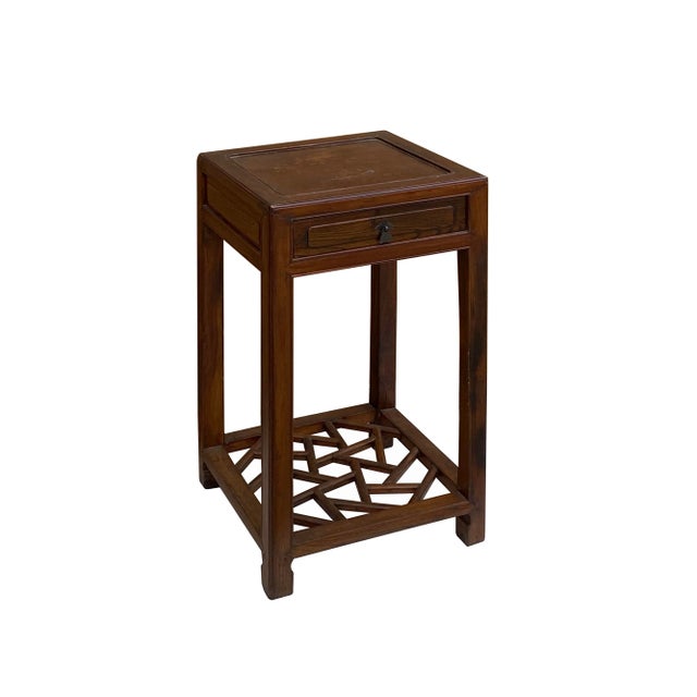 Wood Vintage Chinese Worn Out Patina Light Brown Square Pedestal Plant Stand For Sale - Image 7 of 8