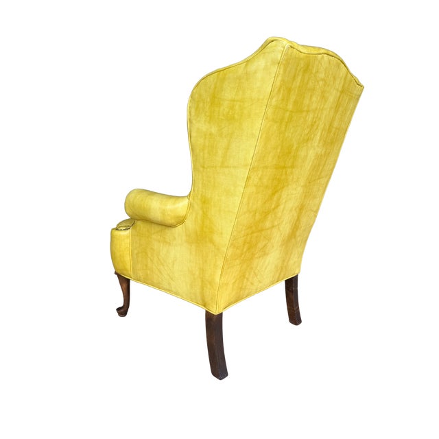 Vintage Shuford Furniture Yellow Leatherette Wingback Armchair | Queen Anne Style Faux Leather Accent Chair | Traditional Hollywood Regency For Sale - Image 10 of 14
