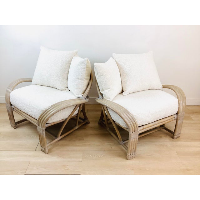 Vintage Pair of McGuire Bent Rattan & Faux Shearling Oversized Upholstered Lounge Chairs For Sale In Palm Springs - Image 6 of 12