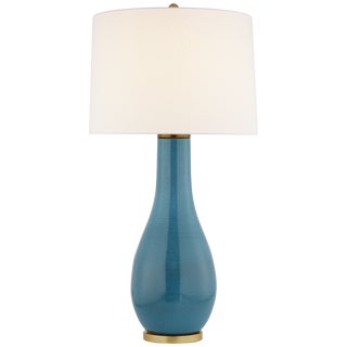 Chapman & Myers by Visual Comfort Signature Orson Balustrade Form Table in Oslo Blue with Linen Shade For Sale
