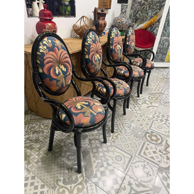 Black Lacquered Bamboo Chairs with Floral Fabric by Vivai Del Sud, 1970, Set of 4 For Sale - Image 10 of 11