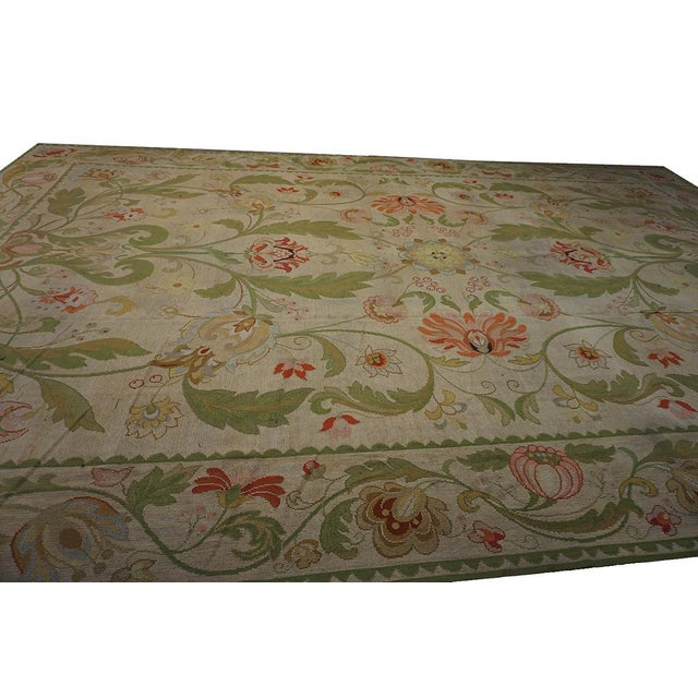 Traditional 1930s Beige Foliate Antique Portuguese Arraiolos Needlepoint Rug 14'2" X 23' Handmade Wool Carpet For Sale - Image 3 of 6