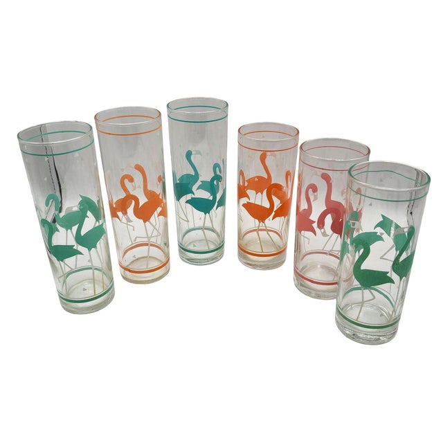 Pink 1950s Mid-Century Modern Pink Wire Frame Drinks Tray W/ Six Highball Flamingo Glasses For Sale - Image 8 of 10