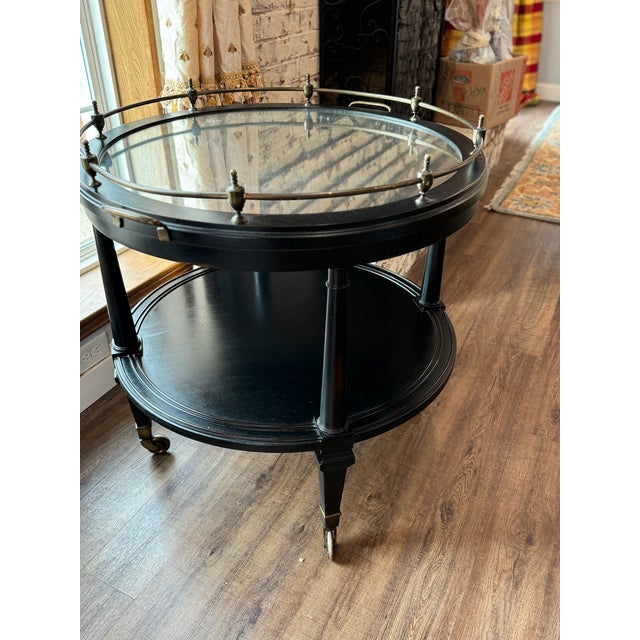 Black Large Hickory Chair Atelier Collection Oval Bar Cart With Brass Gallery Rail & Antiqued Mirror Top For Sale - Image 8 of 8