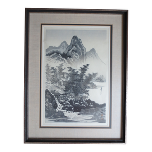 Japanese Woodblock Print "Bamboo and Mountain" Signed by Imoto Tekiho , Framed