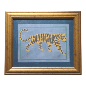 Tiger Minimalism Folk Art Expressionism Goldenrod Gray Navy Original Oil Painting by Cleo Plowden