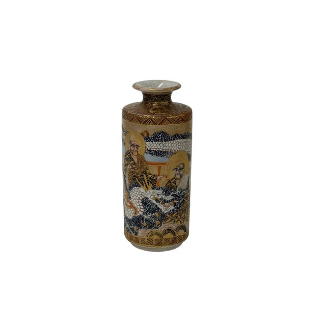 Asian 4.75"Asian Satsuma Style Cylindrical Figures Painted Porcelain Art Vase For Sale - Image 3 of 11