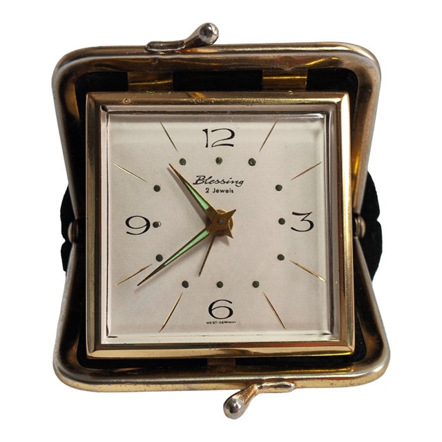 1970 German Folding Mechanical Travel Alarm Clock in Black Leather Wallet. "Blessing" For Sale