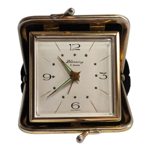 1970 German Folding Mechanical Travel Alarm Clock in Black Leather Wallet. "Blessing"