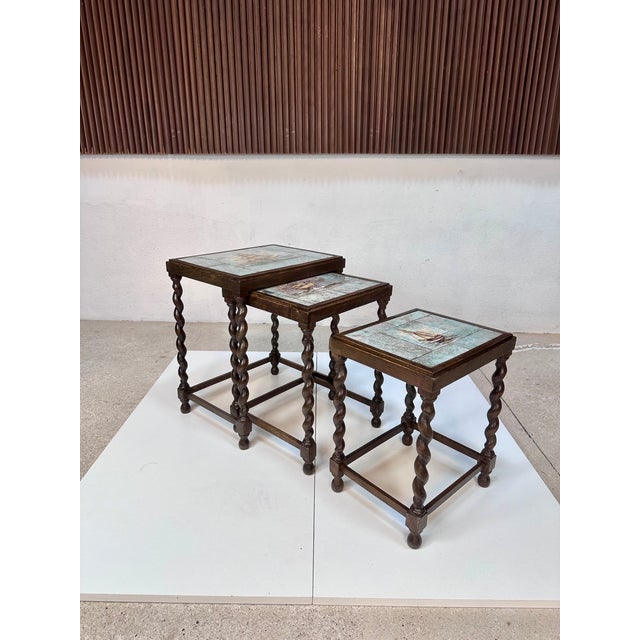 Nesting Tables with Hand-Painted Ceramic Tiles and Barley Twist Legs, Sweden, 1930s, Set of 3 For Sale - Image 13 of 18