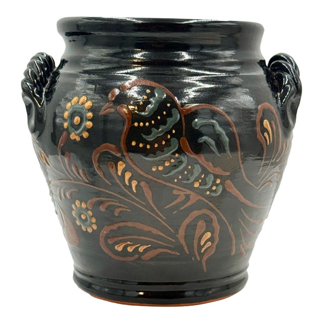 Ned Foltz 2000 Signed Redware Flared Rim Closed Twisted Rope Handled Urn Cachepot, Bird Motif, Black Glaze, Burnt Umber, Blue, Yellow Slip Decorated For Sale