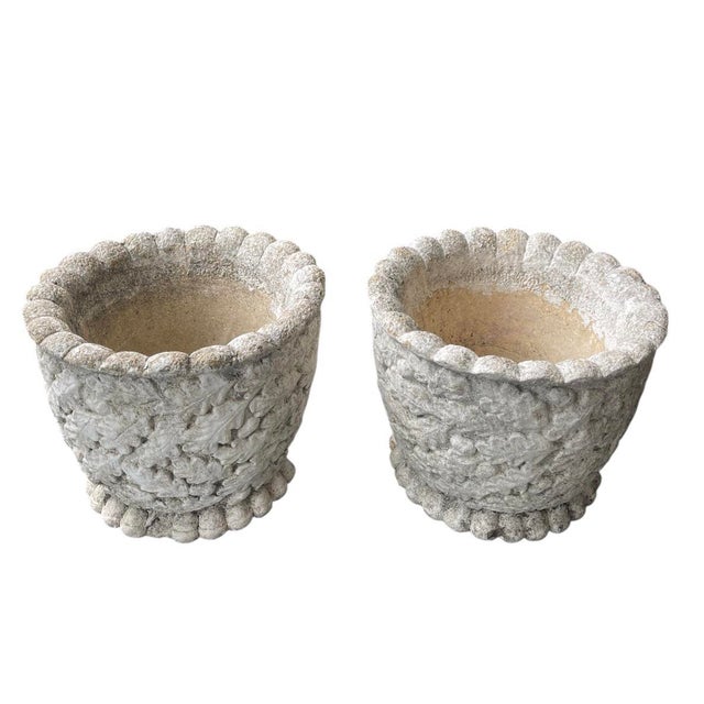 A handsome pair of vintage English garden planters crafted from high-quality cast stone. These small-scale jardinieres...