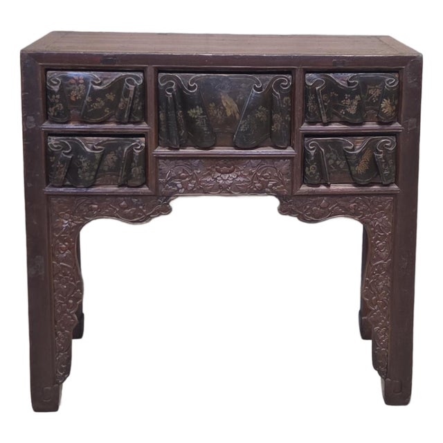 Antique Chinese Qing Dynasty Lacquer Side Table With Birds and Flowers For Sale
