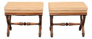 Mid 20th Century Dante Style Wood Stools W/ Upholstered Seats - A Pair
