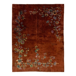 9 X 12 Antique Floral Chinese Art Deco Handmade Wool Rug in Burnt Orange For Sale
