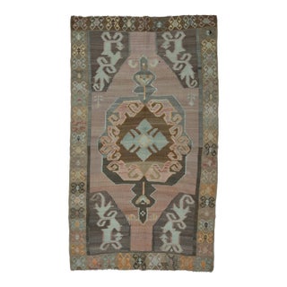 1970s Vintage Handmade Wool Cotton Brown Kilim Area Rug For Sale
