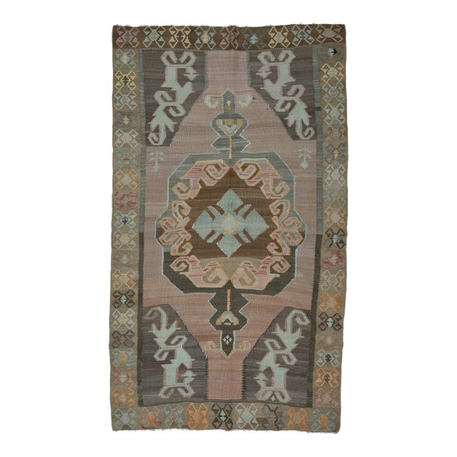 1970s Vintage Handmade Wool Cotton Brown Kilim Area Rug For Sale