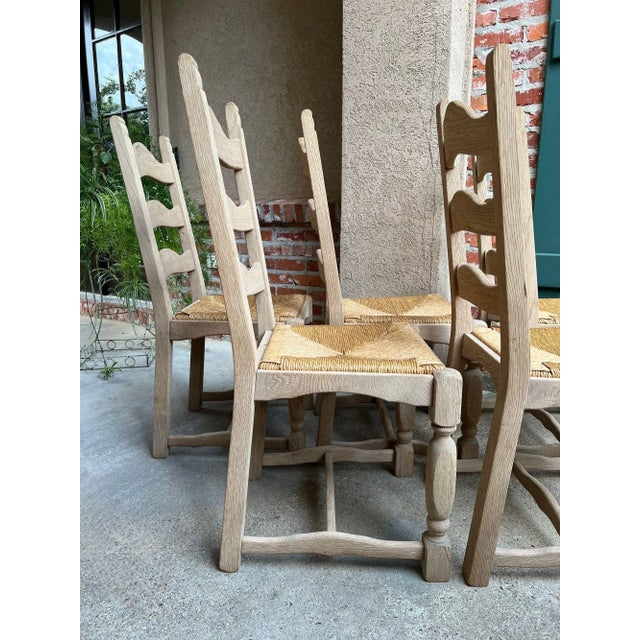 Set 6 Vintage French Ladder Back Dining Chairs Rush Seat Bleached Oak Farmhouse For Sale - Image 15 of 18