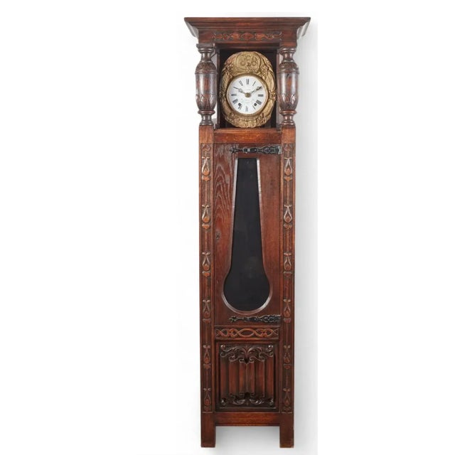 19th Century Antique Tudor Oak Linen Fold Long Case Clock by E. Favot of Bleneau For Sale - Image 5 of 8