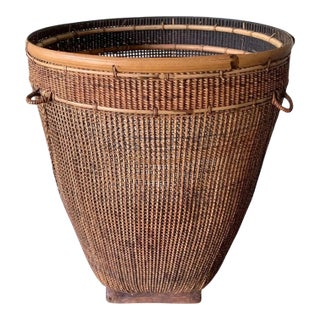 Bamboo & Rattan Basket From Dayak Tribe, Hand-Crafted Borneo, Indonesia, C. 1950 For Sale