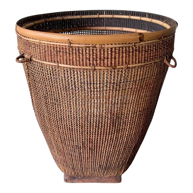 Bamboo & Rattan Basket From Dayak Tribe, Hand-Crafted Borneo, Indonesia, C. 1950 For Sale