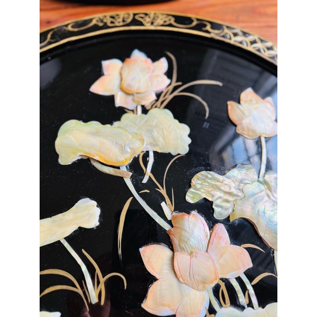 Shell Black Chinoiserie Round Wall Art/Plaques With Mother of Pearl Inlay- A Pair For Sale - Image 7 of 12