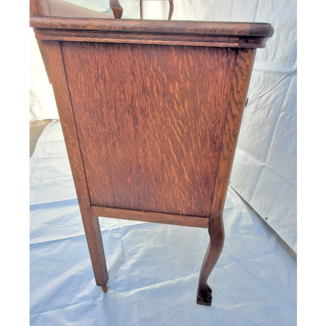 Victorian Tiger Oak Server Sideboard With Leaded Glass Doors & Claw