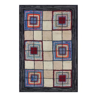 Checkerboard American Hooked Rug With Geometric Cross Designs For Sale