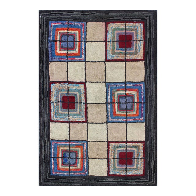 Checkerboard American Hooked Rug With Geometric Cross Designs For Sale
