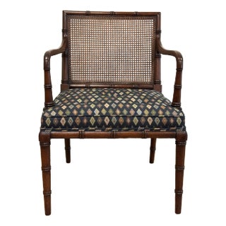 Vintage Faux Bamboo Cane Back Upholstered Seat Arm Chair For Sale