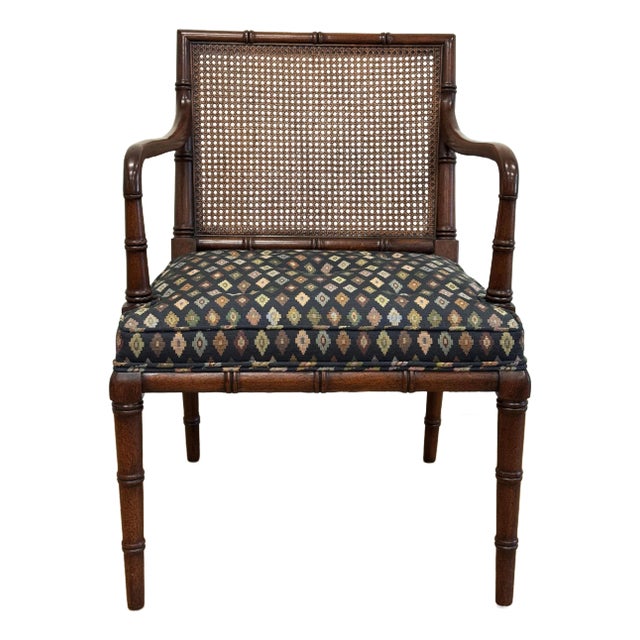 Vintage Faux Bamboo Cane Back Upholstered Seat Arm Chair For Sale
