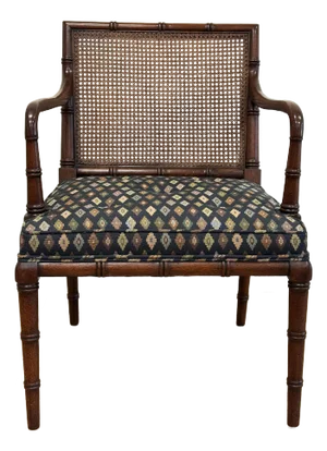 Vintage Faux Bamboo Cane Back Upholstered Seat Arm Chair