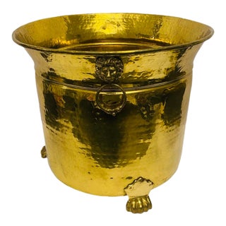 Vintage Hammered Brass Planter Claw Feet Lion Head Handles For Sale
