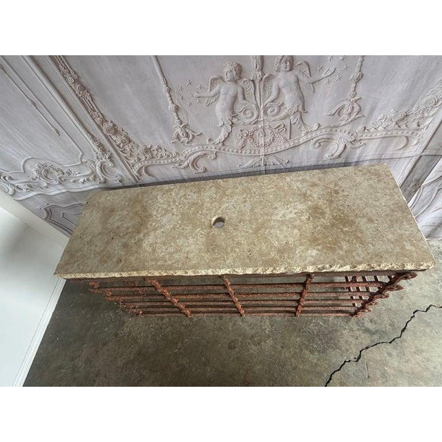 Spanish Rustic Console Table With Textured Stone Top and Hand-Forged Iron Base For Sale - Image 3 of 18