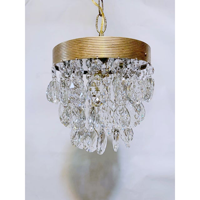 Hollywood Regency Vintage Crystal Upside Down Layer Cake Chandelier With Decorative Brass Frame For Sale - Image 3 of 9