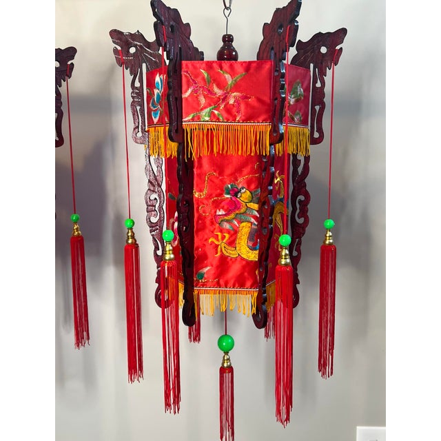 Vintage Mid 20th Century Red Chinese Palace Lanterns With Embroidered Dragons and Tassels - a Pair For Sale - Image 4 of 12