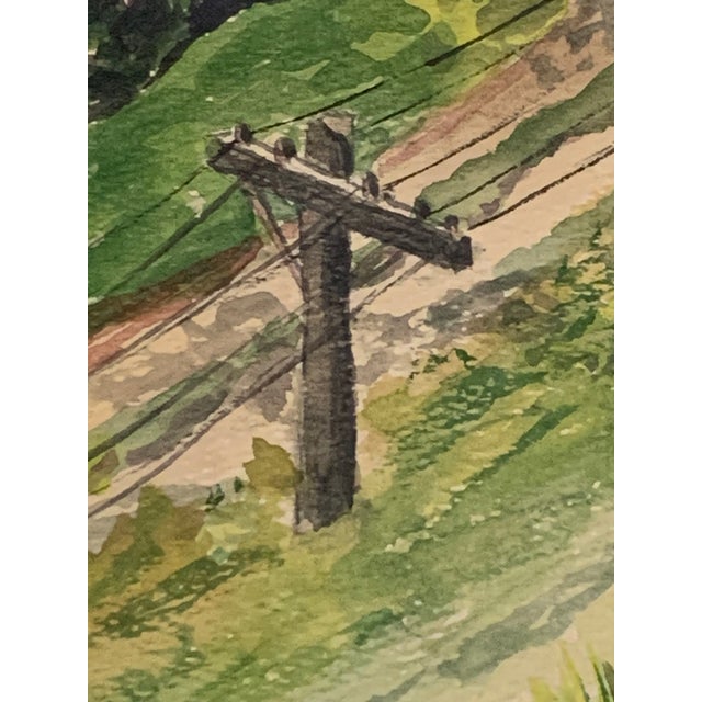 Green 1950 Mid-Century Modernist Rural Landscape Watercolor, Signed & Framed For Sale - Image 8 of 11