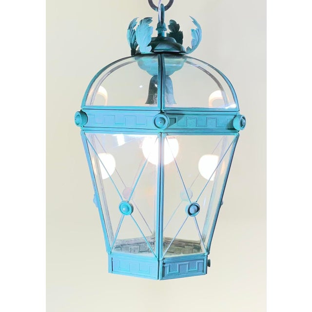 Rustic Vintage Style Solid Brass Verdigris Hanging Lantern - Restored & Rewired For Sale - Image 3 of 13