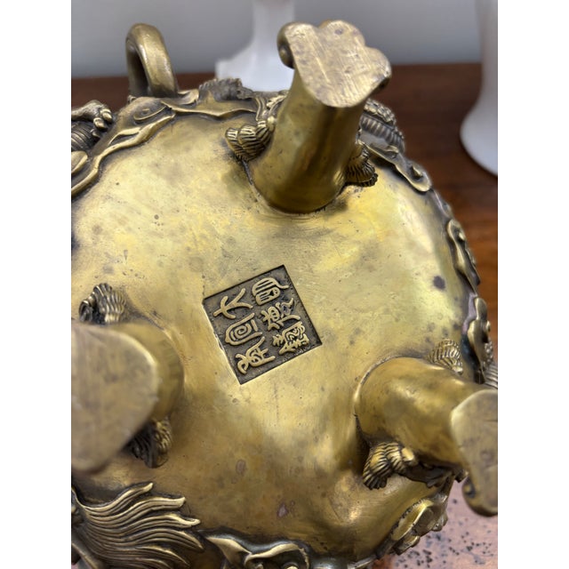 Ornate Mid 20th Century Cast Brass Chinese Incense Burner Censer With Dragons and Fu Dogs and Green Stone Finial For Sale - Image 11 of 12