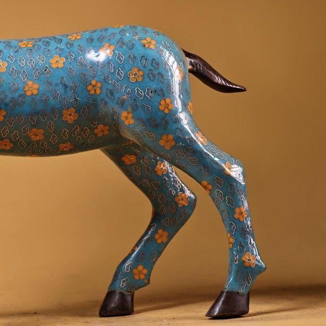 Metal Cloisonné Enamel Deer Figurine, 4kg, Blue Ground With Floral Motifs For Sale - Image 7 of 9