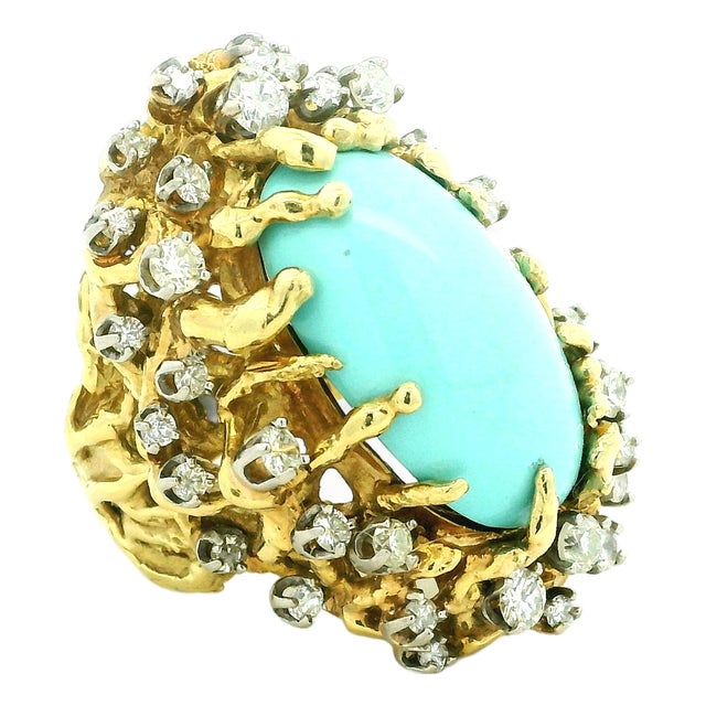 1960s 18k Gold Turquoise and Diamond Freeform Cocktail Ring, Size 7.5 For Sale