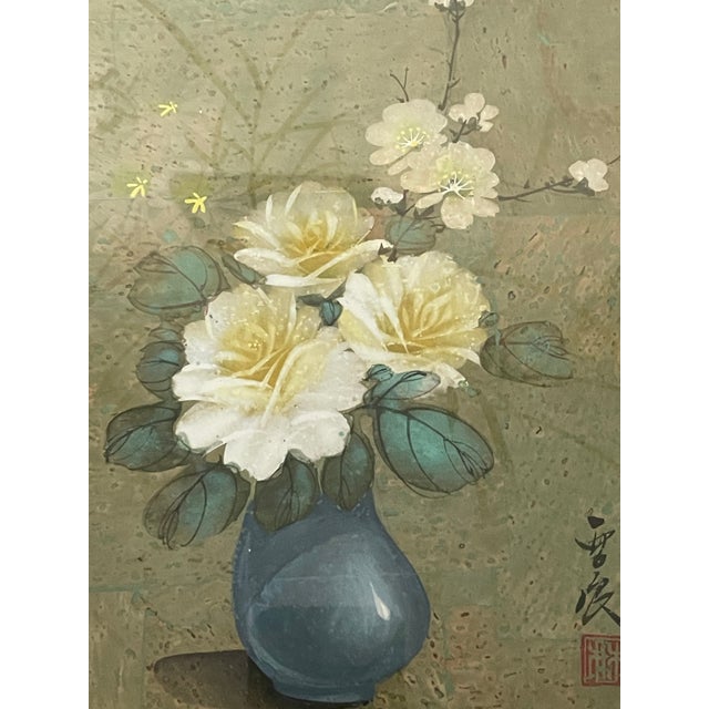 Paint Gorgeous Pair of Chinese Floral Watercolors Signed Framed For Sale - Image 7 of 9