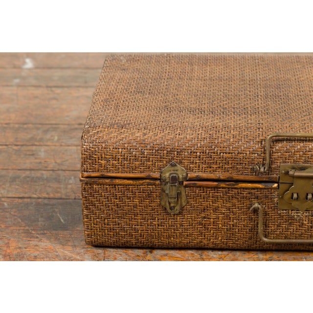 Indian Vintage Bamboo and Woven Rattan Suitcase with Brass Hardware For Sale - Image 9 of 13