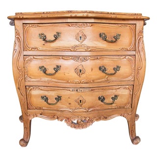 Rare 19th-Century French Provincial Carved Solid Pine 3-Drawer Bombé Commode For Sale