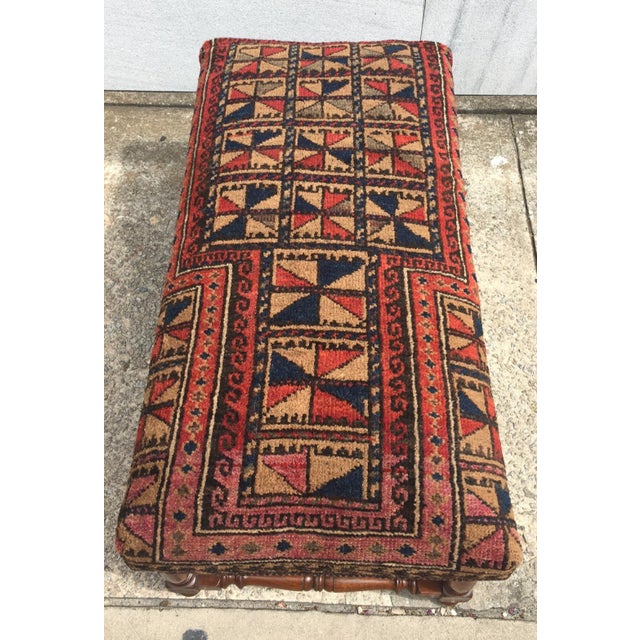 Turned Leg Wooden Bench Covered With Antique Belochistan Oriental Prayer Rug For Sale - Image 10 of 13