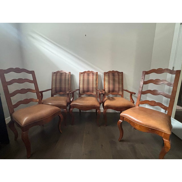 2000 - 2009 Century Furniture “Town & Country” Dining Chairs – Robert Allen Fabric & Bison Nutmeg Leather For Sale - Image 5 of 8