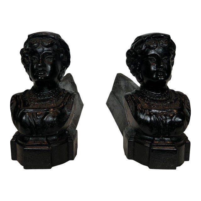 Cast Iron Andirons Representing an Italian Woman - a Pair For Sale