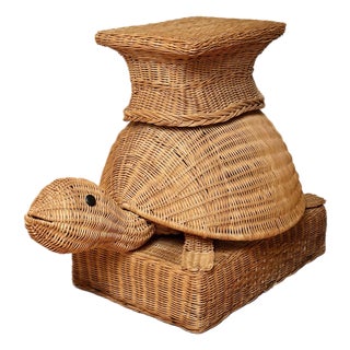 1970s Vintage Handwoven Rattan Wicker Turtle Whimsical Side Table For Sale